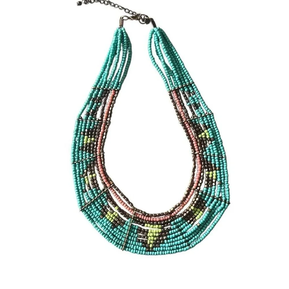 Vintage Boho Tribal Beaded Collar Bib Necklace Multi Strand Seed Beads Southwest